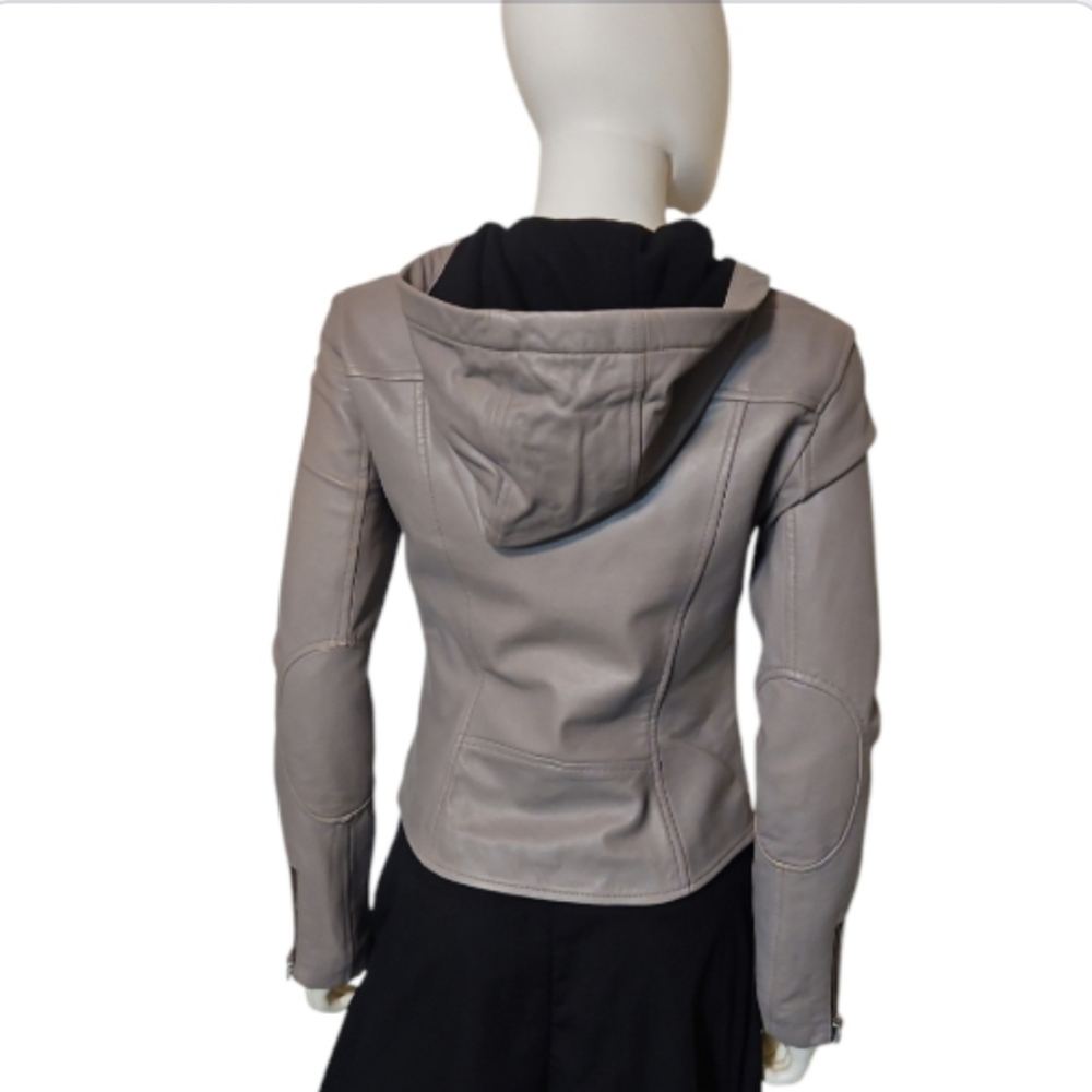 MACKAGE | Gray Lambskin Asymmetrical Zip Hooded Moto Leather Jacket XS - Picture 2 of 8